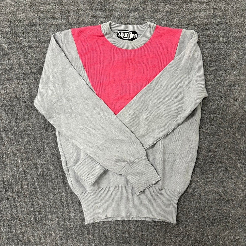 Snuggler Sweater Womens Size M Gray Pink Wool Blend Color Block Vintage Crewneck
